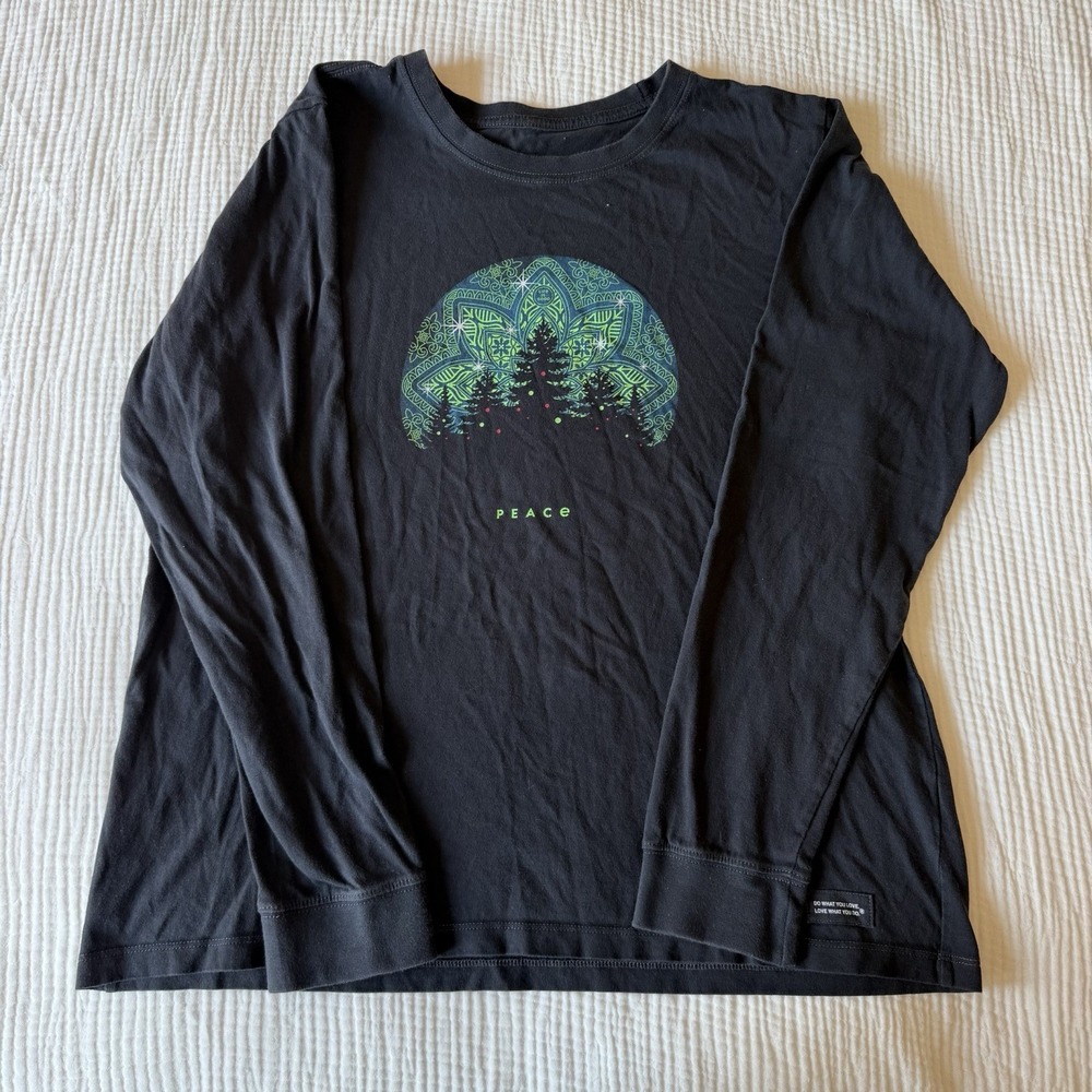Life Is Good Peace Shirt Women's (L) Black Long Sleeve Top Christmas Tree Cotton